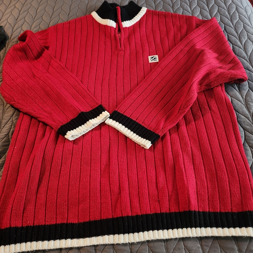 Men's Red Ribbed Quarter-Zip Sweater with Contrast Trim